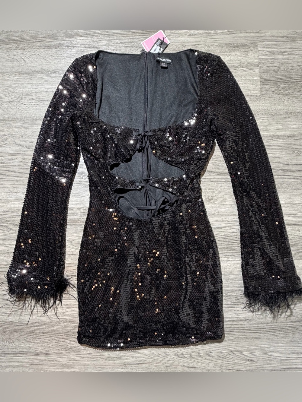 PrettyLittleThing Black Sequin Cut Out Mini Dress Feather Cuff US 6 NWT